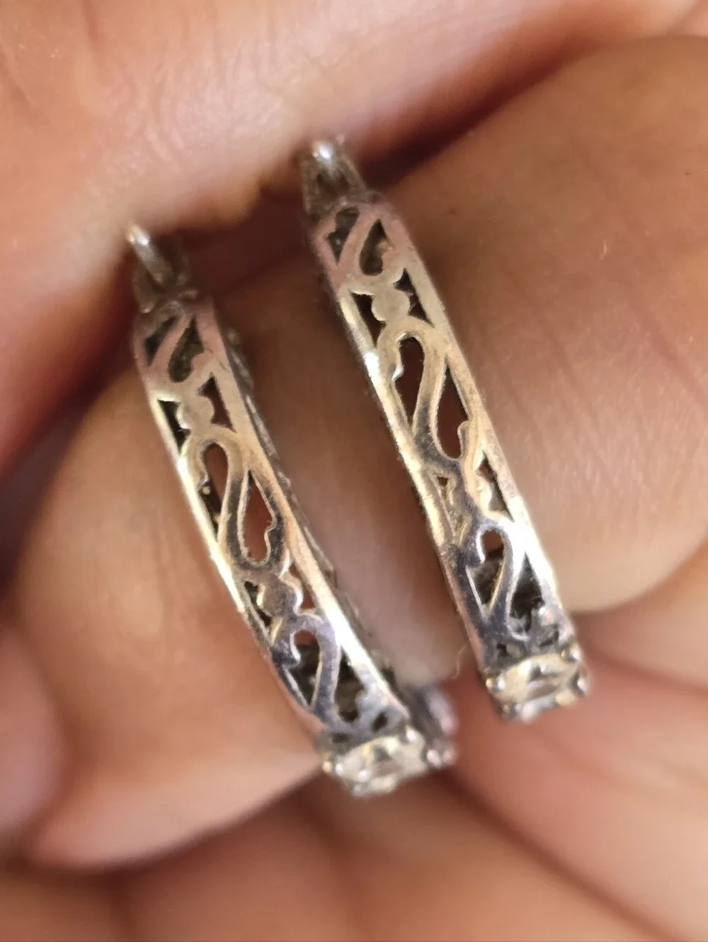 Elegant channel set sparkling CZ diamonds half filigree hoop earrings